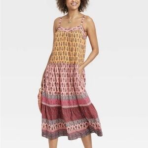 Knox Rose Mustard and Pink Tiered Midi Sun Dress